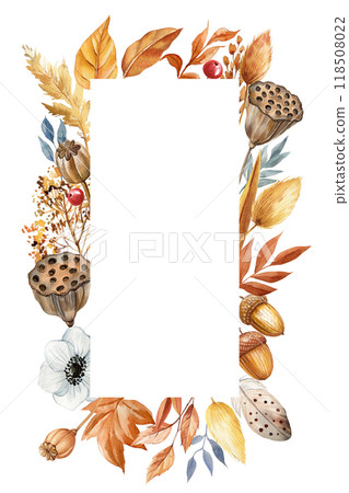 Vintage watercolor painting autumn frame with dry leaves, seed, foliage Isolated. Fall flora invitation card template 118508022