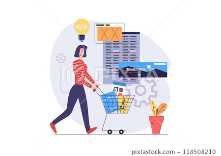 Web development concept in modern flat design for web. Woman developing and programming wireframe app interface, brainstorming and building layout with digital content at screens. Illustration. Web development concept in modern flat design for web. Woman developing and programming wireframe app interface, brainstorming and building layout with digital content at screens. Illustration. 118508210