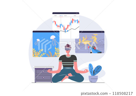 Virtual reality concept in modern flat design for web. Man in VR headset paying shooter game and online aquarium, working with data graph analysis on augmented screens simulation. Illustration. 118508217