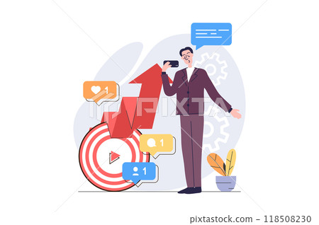 Video marketing concept in modern flat design for web. Man creating trendy video content, making online stream in blog, doing success internet promotion to target audience. Illustration. 118508230