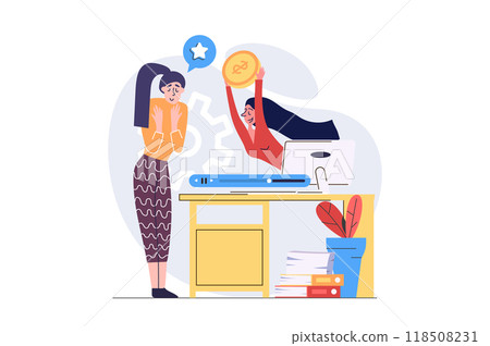 Video marketing concept in modern flat design for web. Woman creating video content and posting in online blog, doing internet promotion, getting monetization and earning finance. Illustration. 118508231