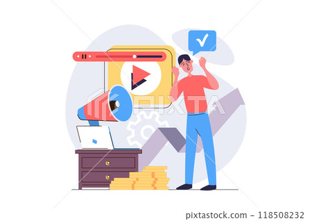 Video marketing concept in modern flat design for web. Man creating advertising video content, posting in online blog, making audience analytics with arrow growth statistics. Illustration. 118508232