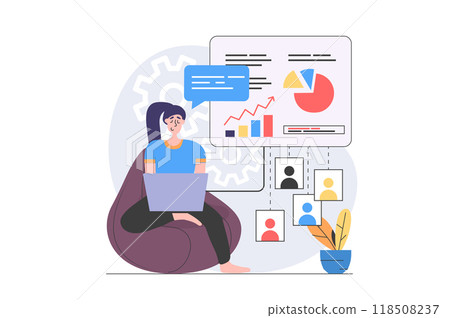Video conference concept in modern flat design for web. Woman doing work task distantly and making data analysis, sharing link to report with colleagues online for teamwork. Illustration. Video conference concept in modern flat design for web. Woman doing work task distantly and making data analysis, sharing link to report with colleagues online for teamwork. Illustration. 118508237