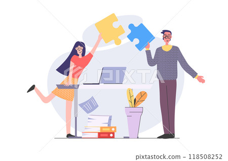 Teamwork concept in modern flat design for web. Man and woman cooperating and brainstorming in office, connecting puzzle project pieces, doing challenges and support partners. Illustration. 118508252