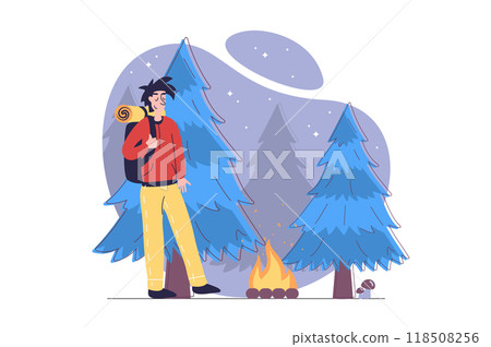 Summertime concept in modern flat design for web. Man with backpack hiking at forest and relaxing at summer camp with campfire, getting woodland picnic with camping at night. Illustration. 118508256
