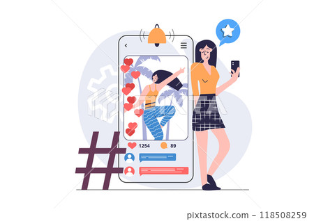 Social network concept in modern flat design for web. Woman posting her new photo in online blog, getting new follower subscriptions, heart reactions and audience comments. Illustration. 118508259