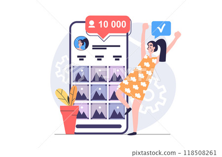 Social network concept in modern flat design for web. Woman making posts with photos in online blog, getting new follower subscriptions, developing her profile in mobile app. Illustration. 118508261