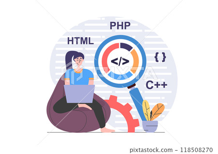 Programmers concept in modern flat design for web. Woman developer working with program code and making research at laptop, improving new products and finding best solutions. Illustration. 118508270