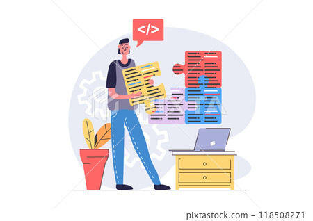 Programmers concept in modern flat design for web. Developer working with program code at laptop, engineering and improving products, brainstorming and finding best solutions. Illustration. 118508271