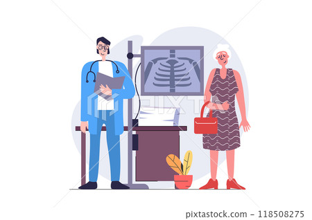 Medicine concept in modern flat design for web. Doctor consulting patient and making diagnosis with x-ray picture, analysis radiography bones scan and prescribing treatment. Illustration. 118508275