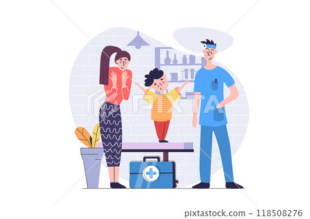 Medicine concept in modern flat design for web. Doctor pediatrician doing diagnosis and checkup for kid patient in clinic. Mother with child boy visiting pediatric specialist. Illustration. 118508276