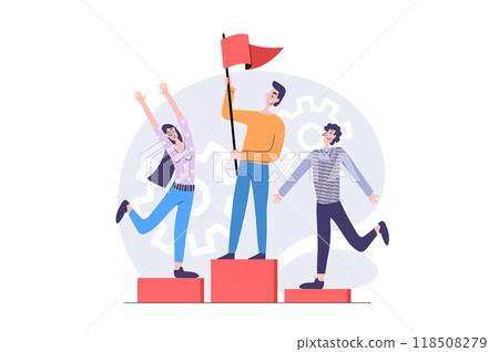 Leadership concept in modern flat design for web. Businesswoman and businessman getting win and flag top reward, celebrating competition victory with best places at pedestal. Illustration. 118508279