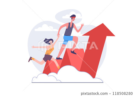 Leadership concept in modern flat design for web. Businesswoman and businessman achieve career goal with progress arrow growth, finding best opportunities for up directions. Illustration. Leadership concept in modern flat design for web. Businesswoman and businessman achieve career goal with progress arrow growth, finding best opportunities for up directions. Illustration. 118508280