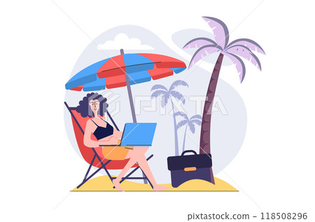 Freelance concept in modern flat design for web. Woman freelancer working online while sitting at armchair at tropical beach resort, doing tasks distantly, relaxing at vacation. Illustration. 118508296