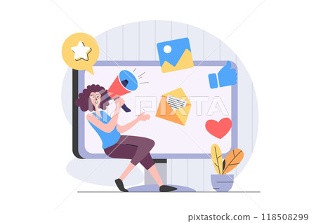 Digital marketing concept in modern flat design for web. Woman with megaphone making announcement and promotion for audience, making social media advertisement and email mailing. Illustration. 118508299