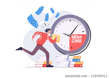 Deadline concept in modern flat design for web. Anxious employee running with documents and trying hurry to time, solving problems and urgent tasks, doing paperwork at work. Illustration. 118508311