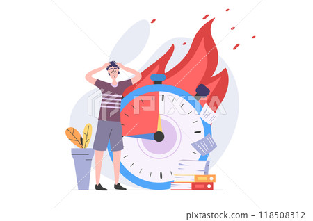 Deadline concept in modern flat design for web. Overworked employee trying hurry to time and doing many tasks, solving urgency problems and getting stress and burnout at work. Illustration. 118508312