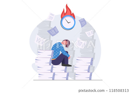 Deadline concept in modern flat design for web. Overworked employee doing paperwork and getting many tasks, trying hurry to time, getting stress, burnout at work and job anxious. Illustration. 118508313