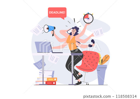 Multitasking concept in modern flat design for web. Woman employee doing paperwork and trying hurry to time, getting many tasks, making processes organization with hour timeline. Illustration. 118508314