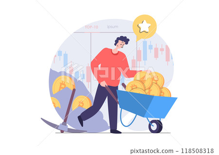 Cryptocurrency mining concept in modern flat design for web. Man miner with wheelbarrow getting different crypto coins, working with data at bitcoin farm and selling at stock. Illustration. 118508318