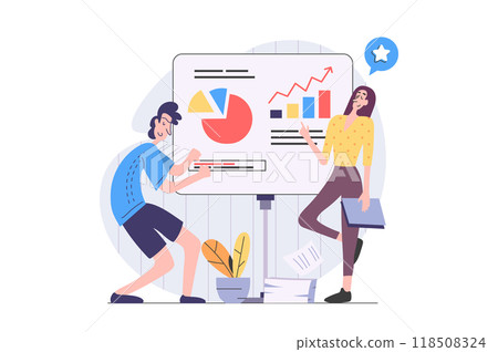 Business activities concept in modern flat design for web. Colleague businessman and businesswoman doing presentation with financial analytics, discussing tasks at work meeting. Illustration. Business activities concept in modern flat design for web. Colleague businessman and businesswoman doing presentation with financial analytics, discussing tasks at work meeting. Illustration. 118508324