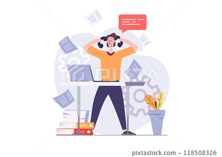Business activities concept in modern flat design for web. Overworked businessman doing paperwork analysis in office, getting challenge at workplace and working with documents. Illustration. Business activities concept in modern flat design for web. Overworked businessman doing paperwork analysis in office, getting challenge at workplace and working with documents. Illustration. 118508326