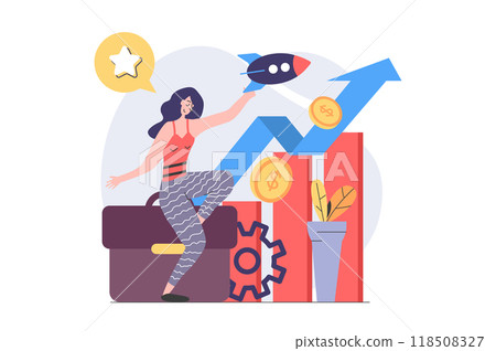 Business activities concept in modern flat design for web. Woman entrepreneur doing strategy analysis and developing startup company, planning challenges and investing finance. Illustration. 118508327
