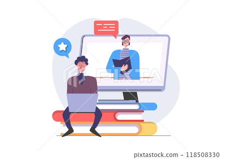 Back to school concept in modern flat design for web. Student learning online and watching video lessons, training distantly at laptop, studying at e-learning programs or courses. Illustration. Back to school concept in modern flat design for web. Student learning online and watching video lessons, training distantly at laptop, studying at e-learning programs or courses. Illustration. 118508330