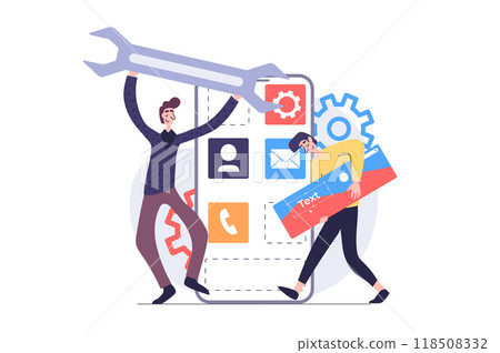 App development concept in modern flat design for web. Designer team programming and engineering mobile interface, placing content at mockup, make settings and building page. Illustration. 118508332