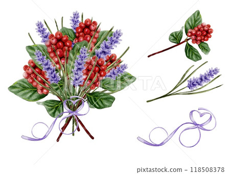 Bouquet of coffee branches, red coffee berries tied with purple ribbon in the shape of a heart with lavender flowers Bouquet of coffee branches, red coffee berries tied with purple ribbon in the shape of a heart with lavender flowers 118508378