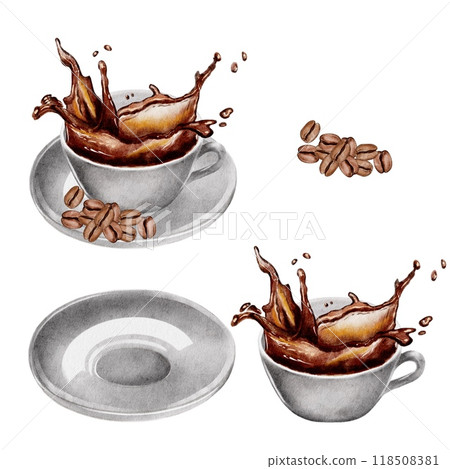 Coffee with splashes and coffee beans 118508381