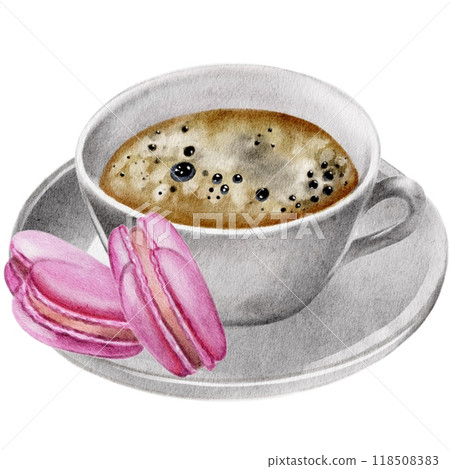 Coffee, karte with pink heart-shaped macaroons Coffee, karte with pink heart-shaped macaroons 118508383