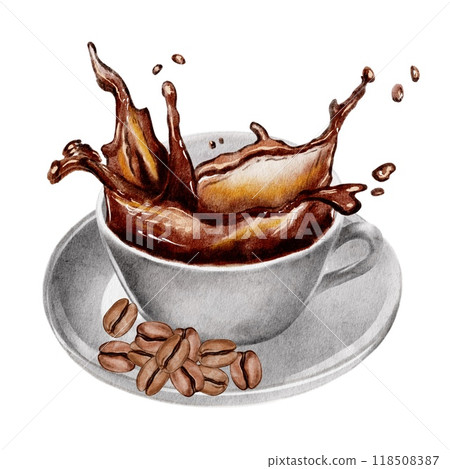 Coffee with splashes and coffee beans Coffee with splashes and coffee beans 118508387