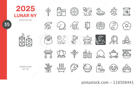 2025 Lunar New Year Icons Set. Thin Line Illustrations of Lunar New Year Traditions Including Year of the Snake, Firecrackers, Lanterns, Fortune Cookies, and Mooncakes for Festive Cultural Designs 2025 Lunar New Year Icons Set. Thin Line Illustrations of Lunar New Year Traditions Including Year of the Snake, Firecrackers, Lanterns, Fortune Cookies, and Mooncakes for Festive Cultural Designs 118508441