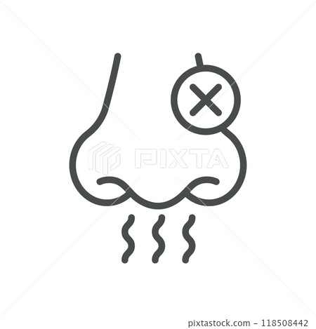 Anosmia Icon. Thin Line Illustration of Nose with Cross Symbolizing Loss of Smell. Medical Vector Sign for Odor Impairment and Nasal Health Issues. Anosmia Icon. Thin Line Illustration of Nose with Cross Symbolizing Loss of Smell. Medical Vector Sign for Odor Impairment and Nasal Health Issues. 118508442