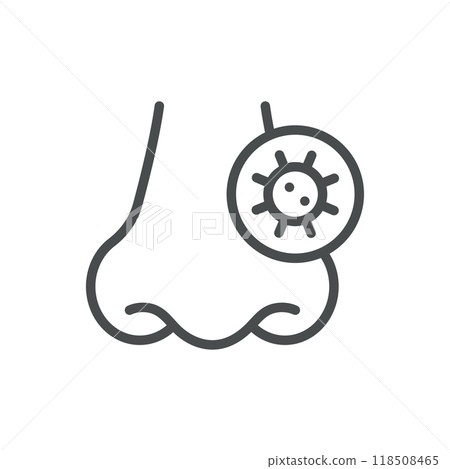 Nasal Virus Infection Icon. Thin Line Illustration of Nose with Virus Symbol Representing Sinus Infection. Medical Vector Sign for Viral Sinusitis and Respiratory Health. 118508465