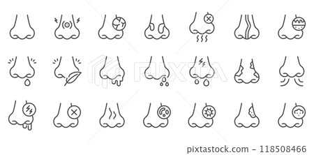 Nose and Nasal Conditions Icon Set. Thin Line Vector Symbols of Congestion, Sinusitis, Infection, Allergies, Polyps, Dryness, Runny Nose, Nasal Pain, Bad Smell, Nasal Infection and Respiratory Issue Nose and Nasal Conditions Icon Set. Thin Line Vector Symbols of Congestion, Sinusitis, Infection, Allergies, Polyps, Dryness, Runny Nose, Nasal Pain, Bad Smell, Nasal Infection and Respiratory Issue 118508466
