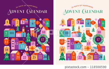 Merry Christmas, Advent Calendar. Concept design with Christmas village, decorations, gifts and Merry Christmas, Advent Calendar. Concept design with Christmas village, decorations, gifts and 118508590