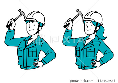 Set of male and female workers holding hammers 118508681