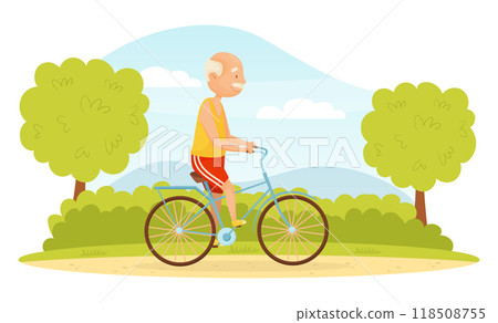 Senior Man Character Ride Bicycle in Park Vector Illustration 118508755