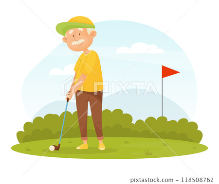 Senior Man Character Playing Golf at Green Field with Club Vector Illustration Senior Man Character Playing Golf at Green Field with Club Vector Illustration 118508762