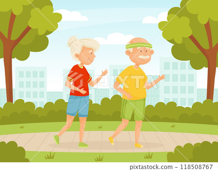 Senior Man and Woman Character Running and Jogging in Park Vector Illustration 118508767