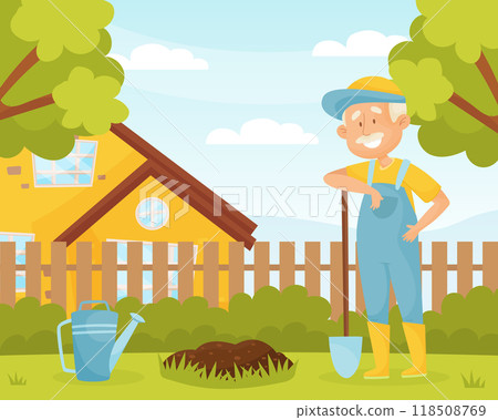 Senior Man Character Gardening Work in Yard with Shovel Vector Illustration 118508769
