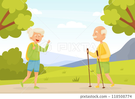 Senior Man and Woman Character Walking and Hiking Vector Illustration Senior Man and Woman Character Walking and Hiking Vector Illustration 118508774