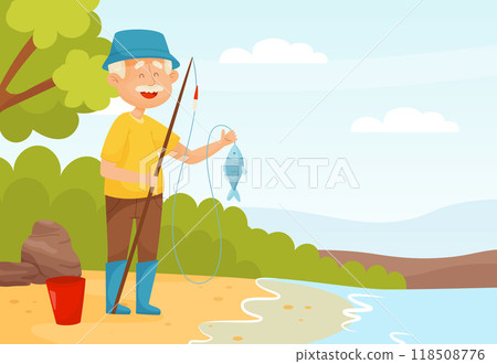 Senior Man Character Fishing at Sea Bank with Rod Vector Illustration 118508776