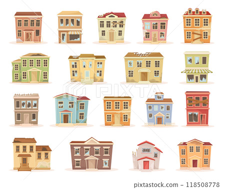 Old Weathered House and Dwelling with Broken Roof and Window Vector Set 118508778