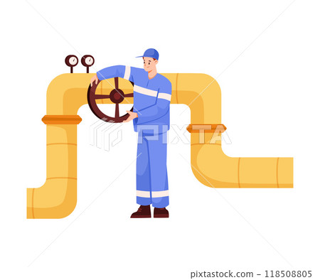 Oil Industry Man Worker Character Stand in Uniform at Pipeline Vector Illustration 118508805