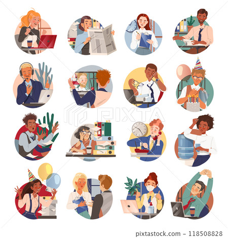 Man and Woman Office Staff Character at Workplace Vector Set 118508828