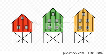 Norwegian fishing homes on stilts, graphic design. Houses on stilts, architecture and cabin, vector design and illustration 118508882