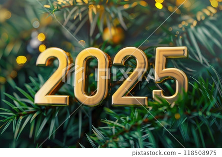 The number 2025 is beautifully hanging from a branch of a christmas tree. AI-generated content. The number 2025 is beautifully hanging from a branch of a christmas tree. AI-generated content. 118508975